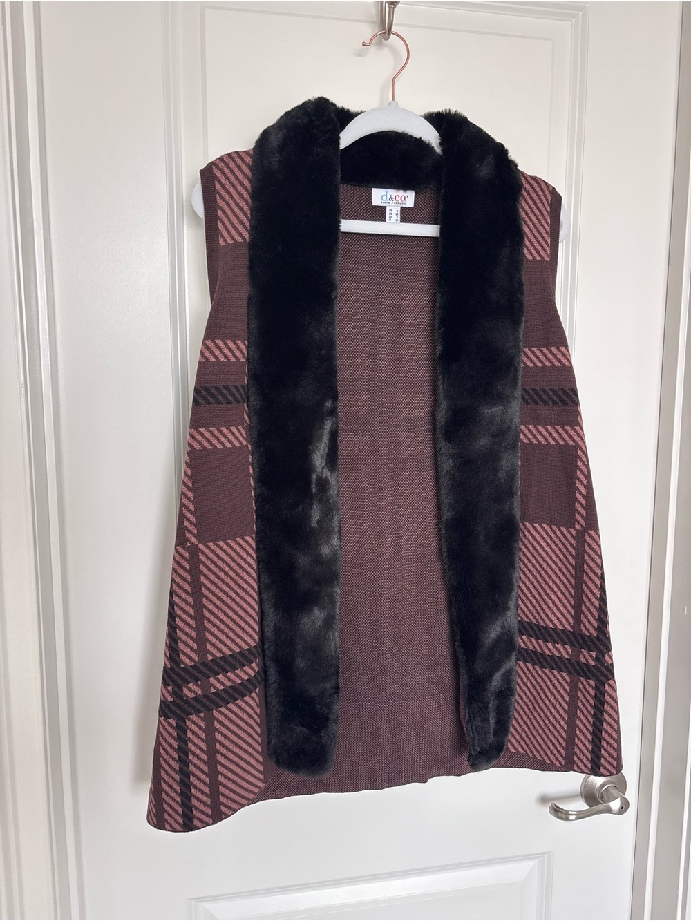 Fall Plaid Faux Fur Collar Vest Denim & Co Brown Burgundy Black Cozy Small